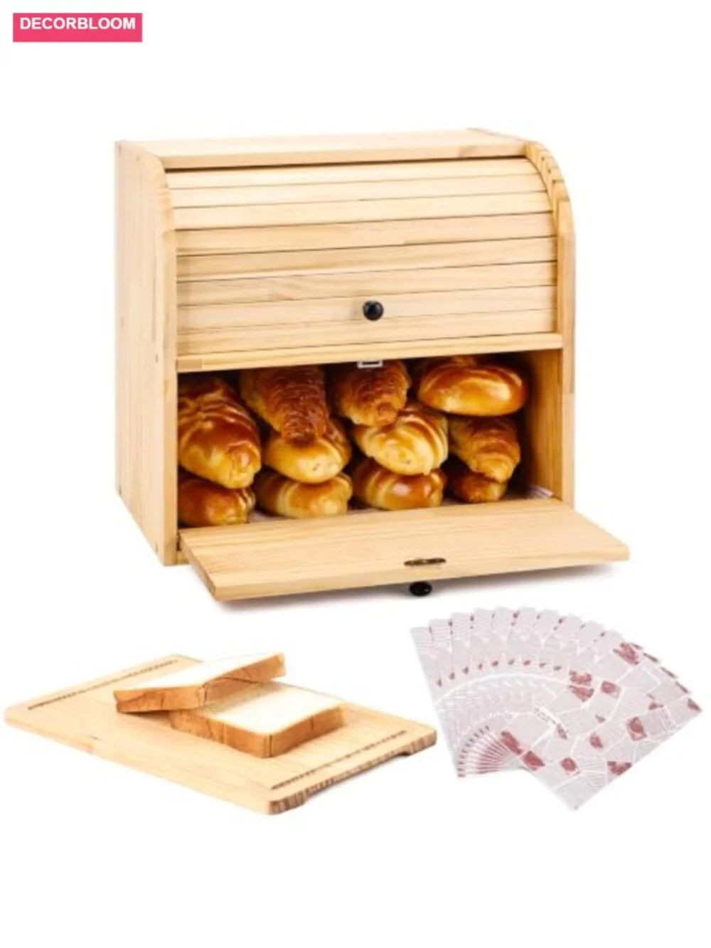 Roll Top Bread Box with Cutting Board Solid Pine Wood Kitchen Storage